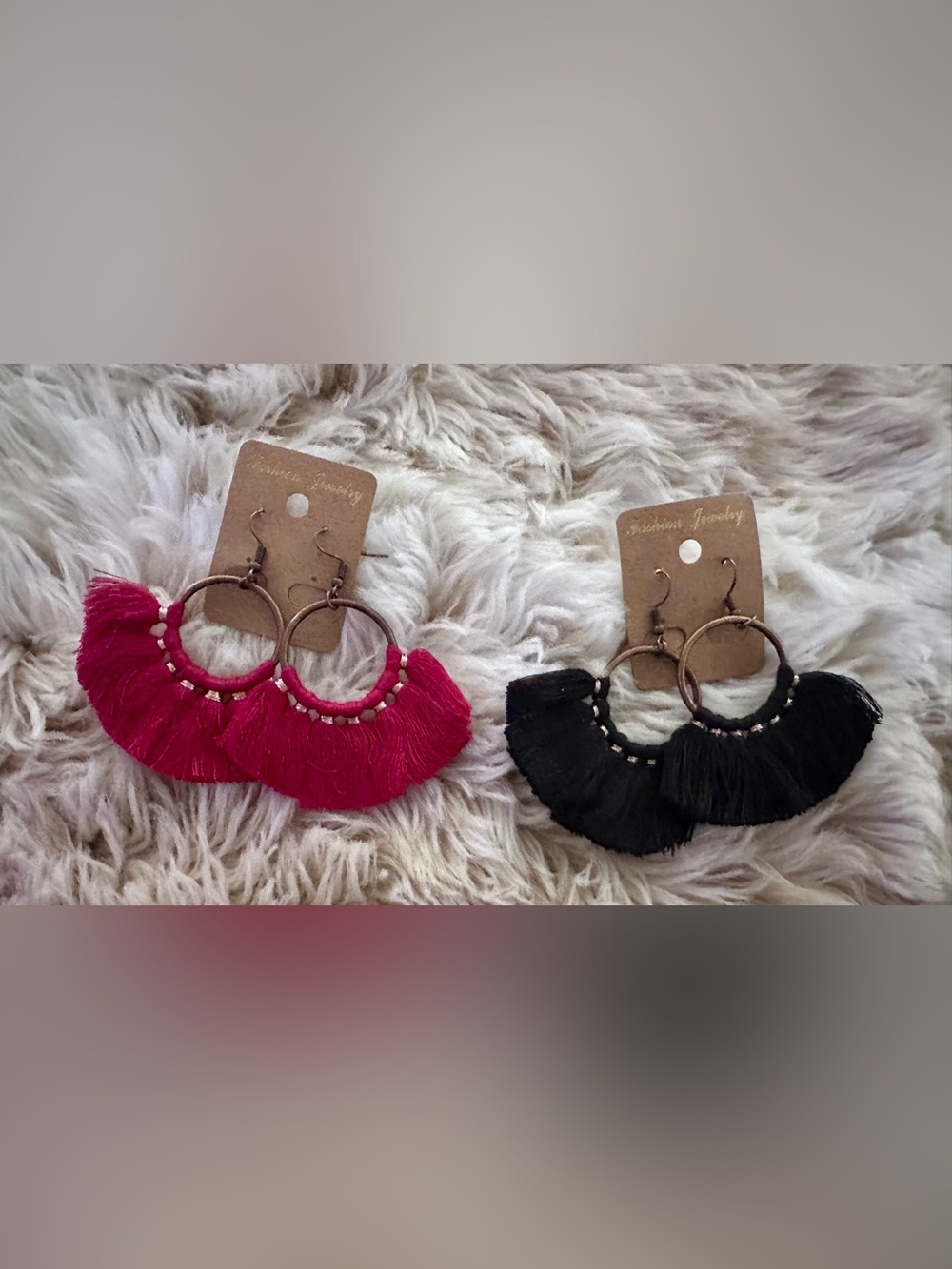 Boho Fringe Hoop Earrings - Red and Black